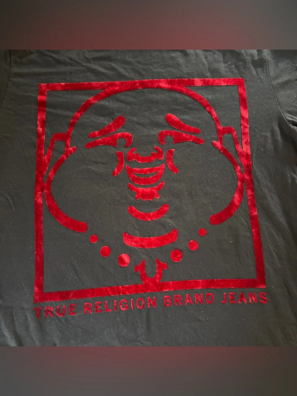 True Religion Black Tee with Red Graphic Buddha Logo